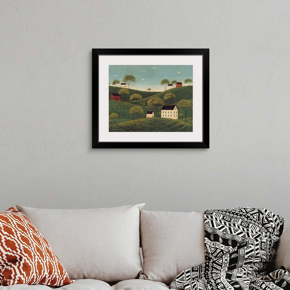 A bohemian room featuring This rustic folk art painting shows Georgian Colonial farmhouses perched on hilltops in the middl...