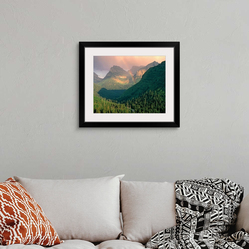 A bohemian room featuring USA, Montana, Glacier NP. A rainbow graces the mountains seen from Going-to-the-Sun Highway, Glac...