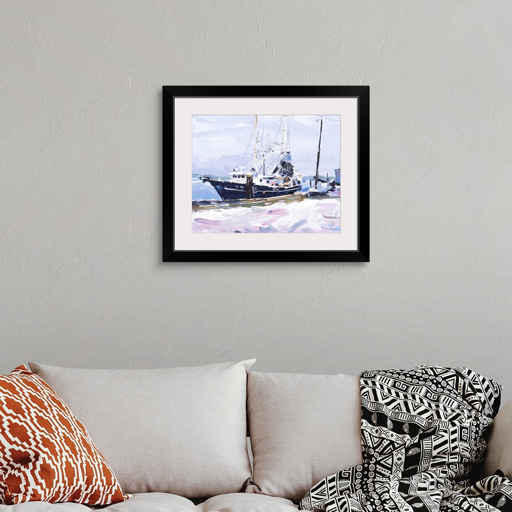 A bohemian room featuring A contemporary painting of a fishing boat docked in a harbor.
