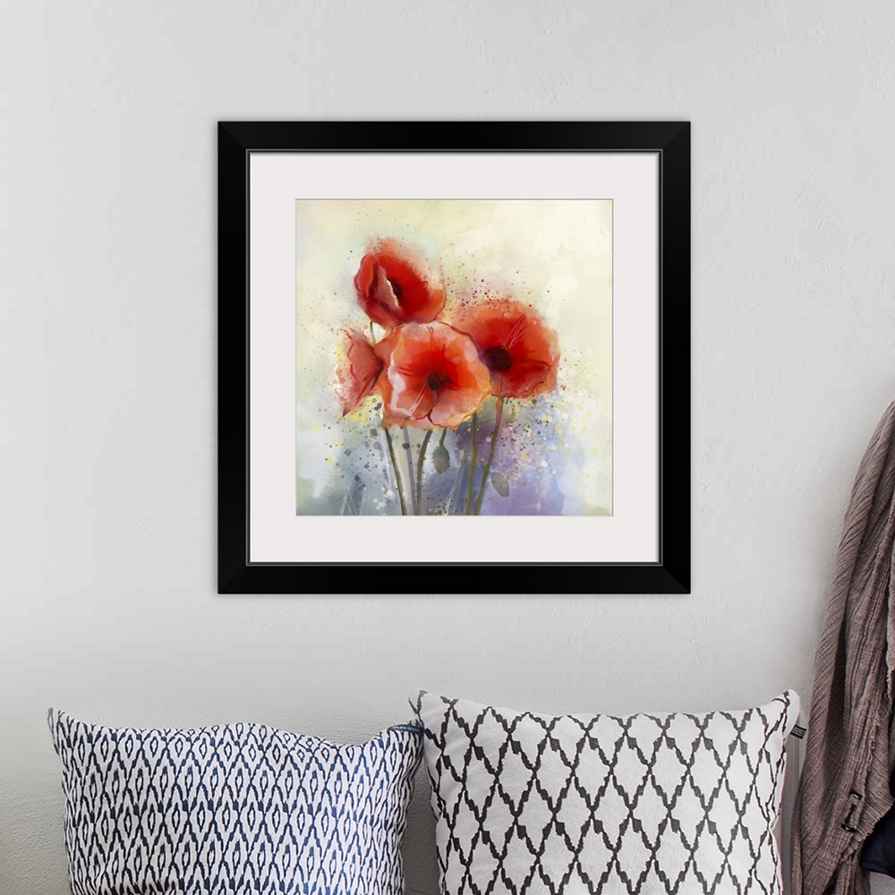 A bohemian room featuring Originally a watercolor red poppy flowers painting. Flowers in soft color and blur style for back...