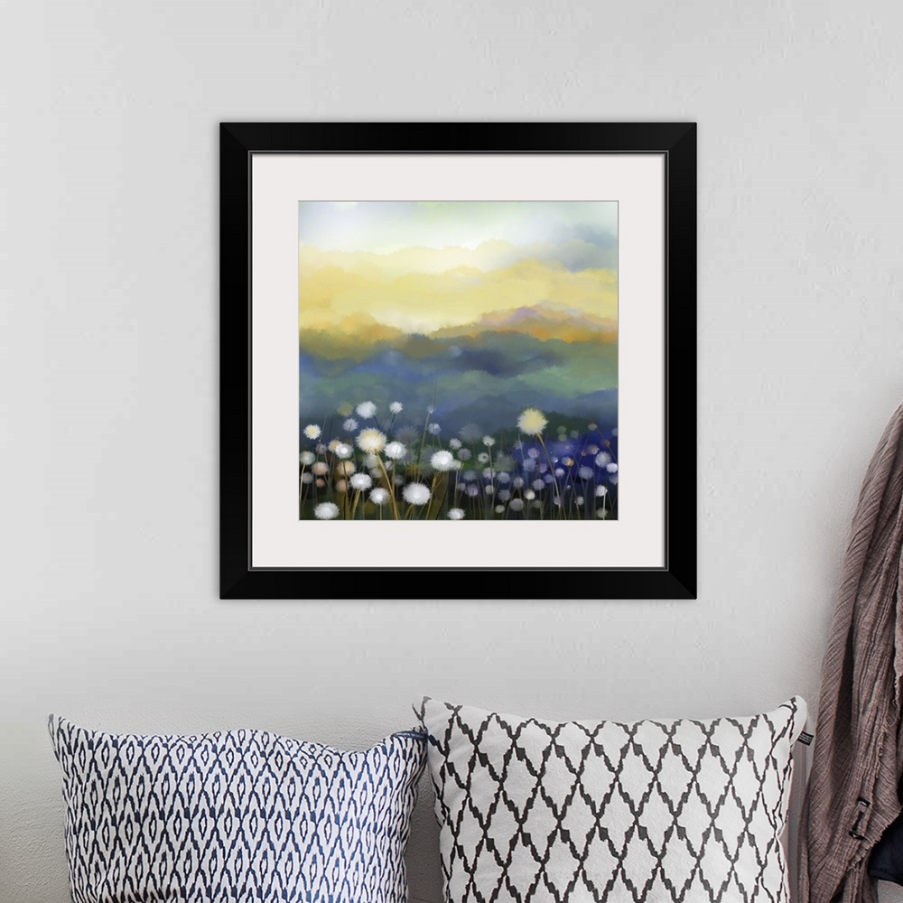 A bohemian room featuring Originally an abstract oil painting of white flowers field in soft color. Originally oil painting...