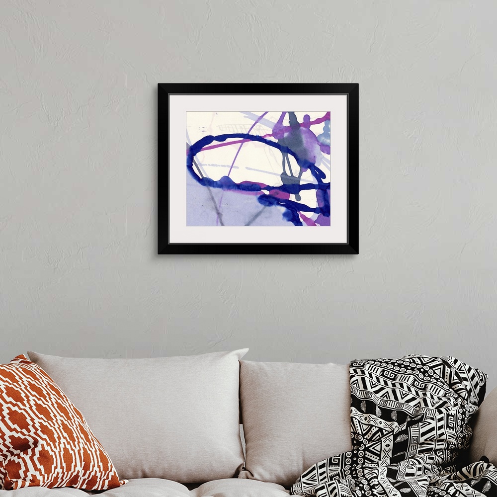 A bohemian room featuring A contemporary abstract painting of purple, pink and lavender color paint thrown and splattered o...