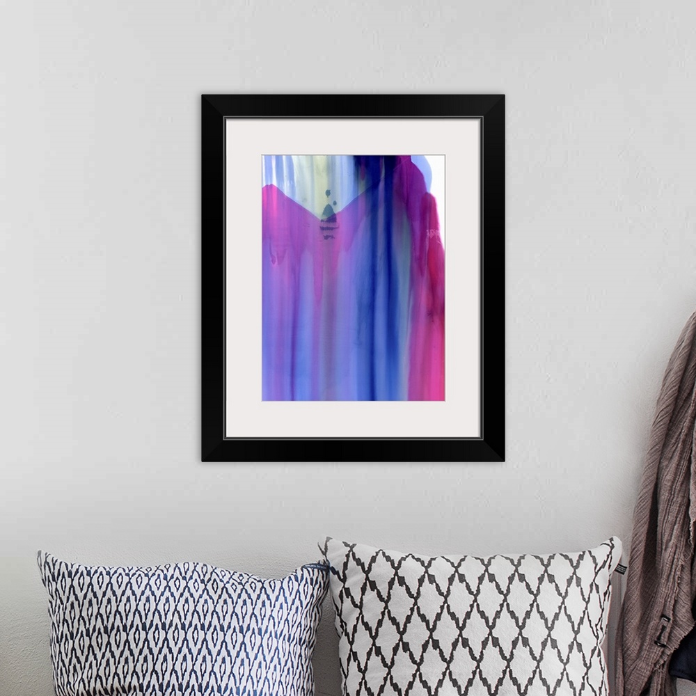 A bohemian room featuring A contemporary abstract painting of almost transparent purple and pink fluid cascading down over ...