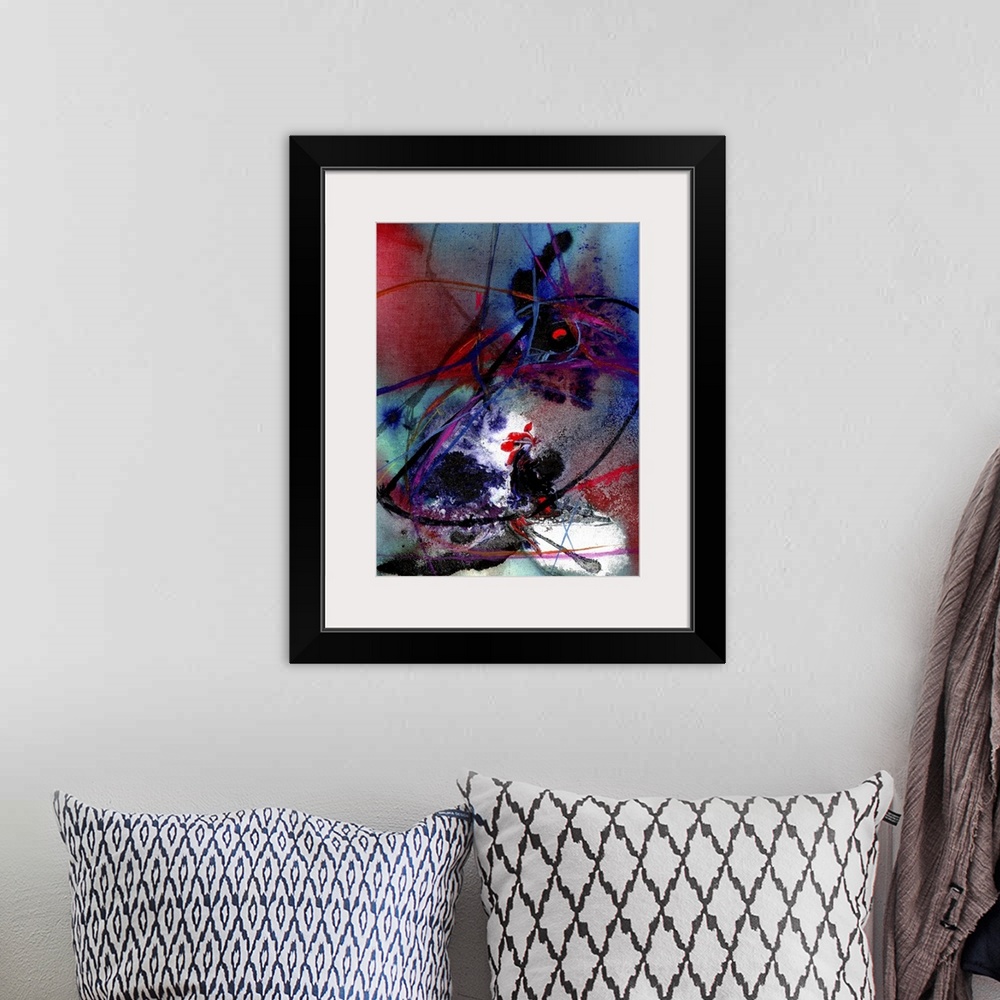 A bohemian room featuring Contemporary abstract painting with dark blue and black streaks over a red and blue wash.