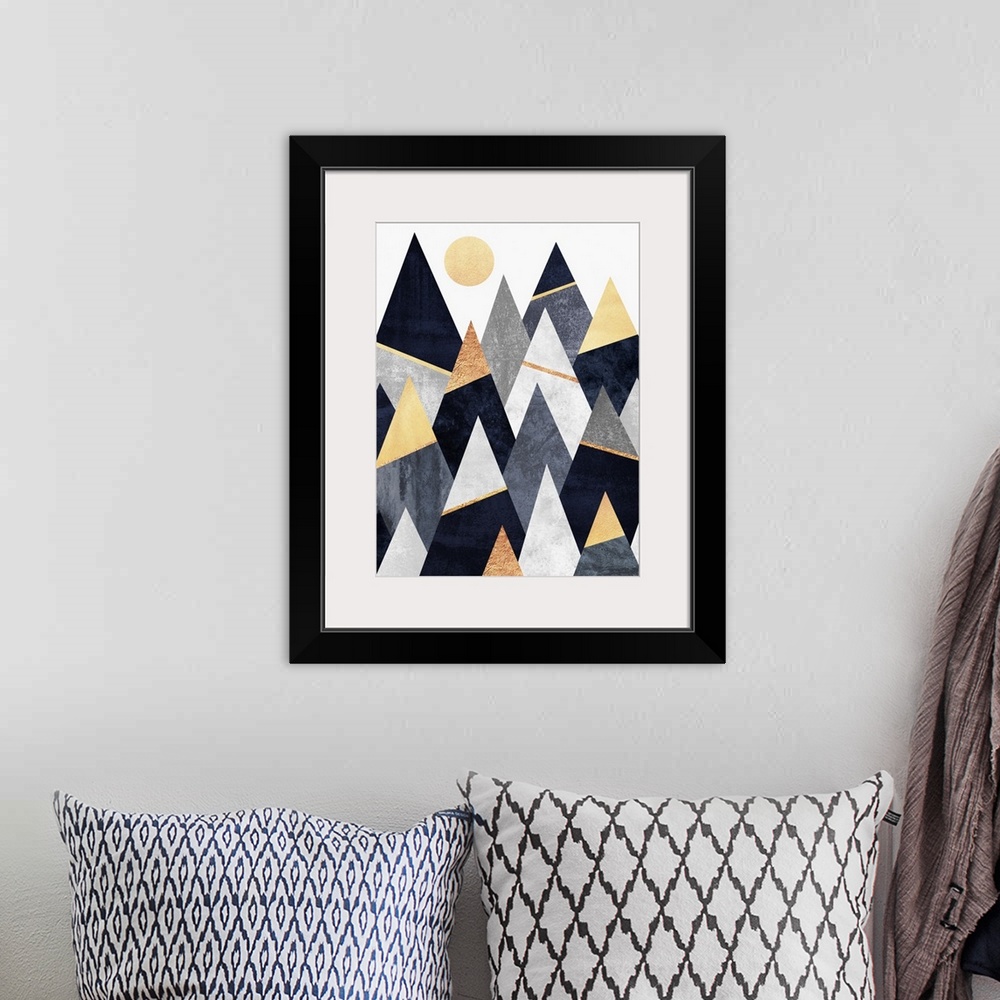 A bohemian room featuring A simple geometric interpretation of triangular mountains in shades of grey, ivory and gold  bene...