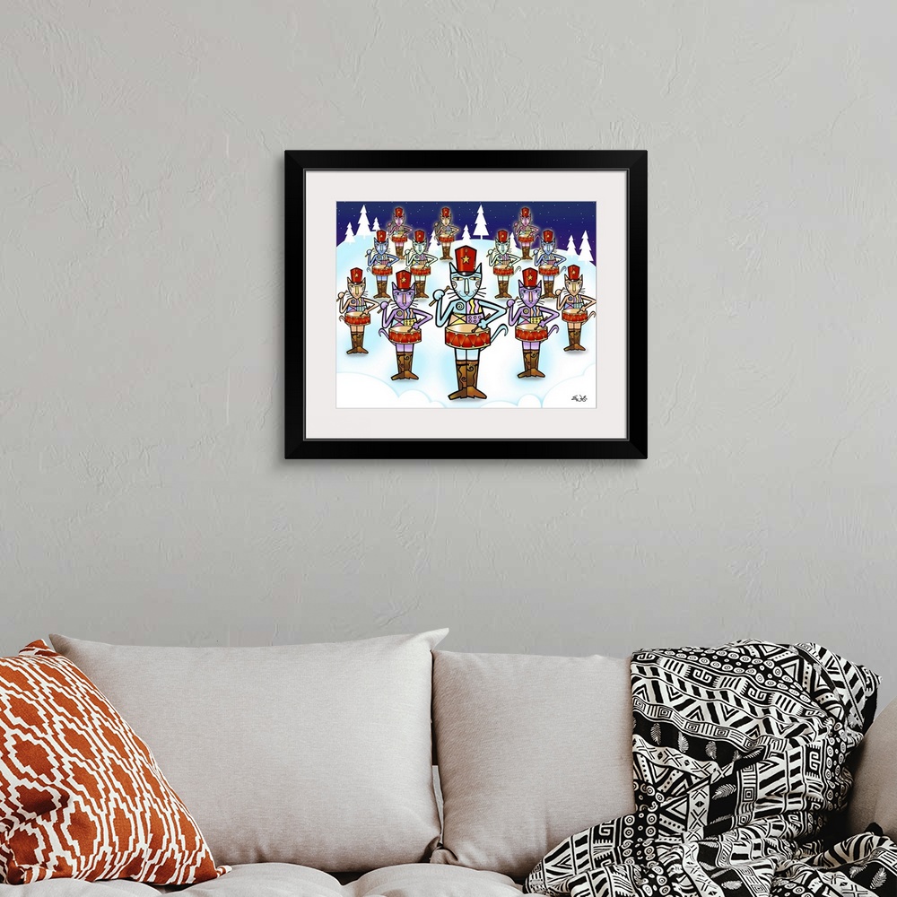 A bohemian room featuring Twelve percussion-playing felines in matching outfits and cowboy boots stand in formation on a sn...