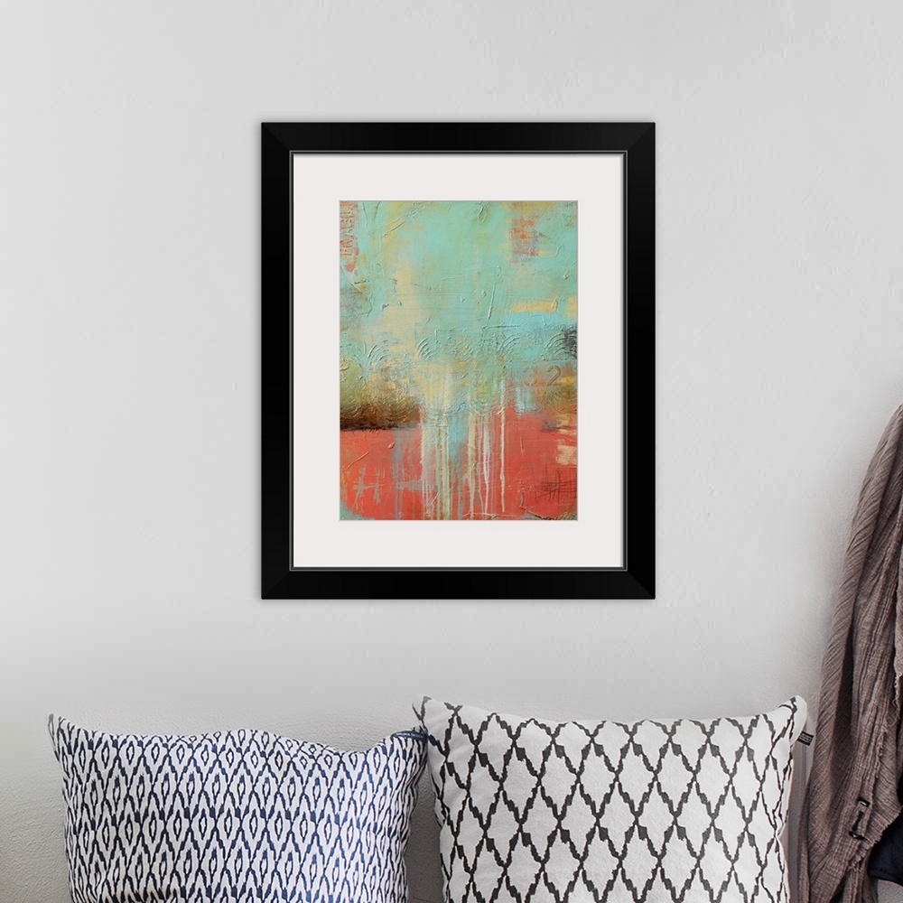 A bohemian room featuring Contemporary abstract painting in pastel colors featuring drips of paint and textured elements, r...