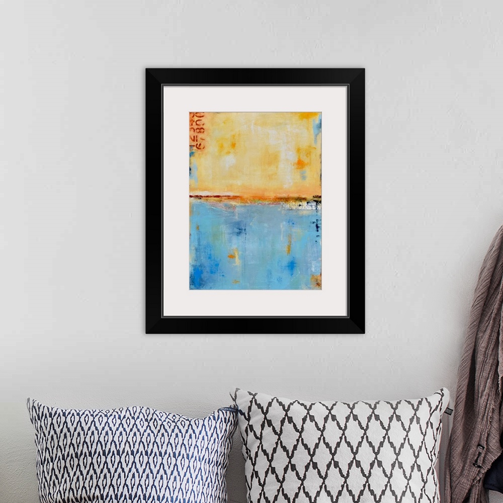 A bohemian room featuring Contemporary abstract painting using earthy tan colors with blue.
