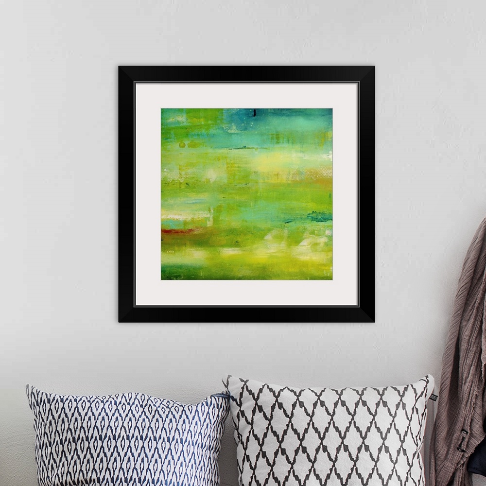 A bohemian room featuring Contemporary abstract painting using vibrant green tones.