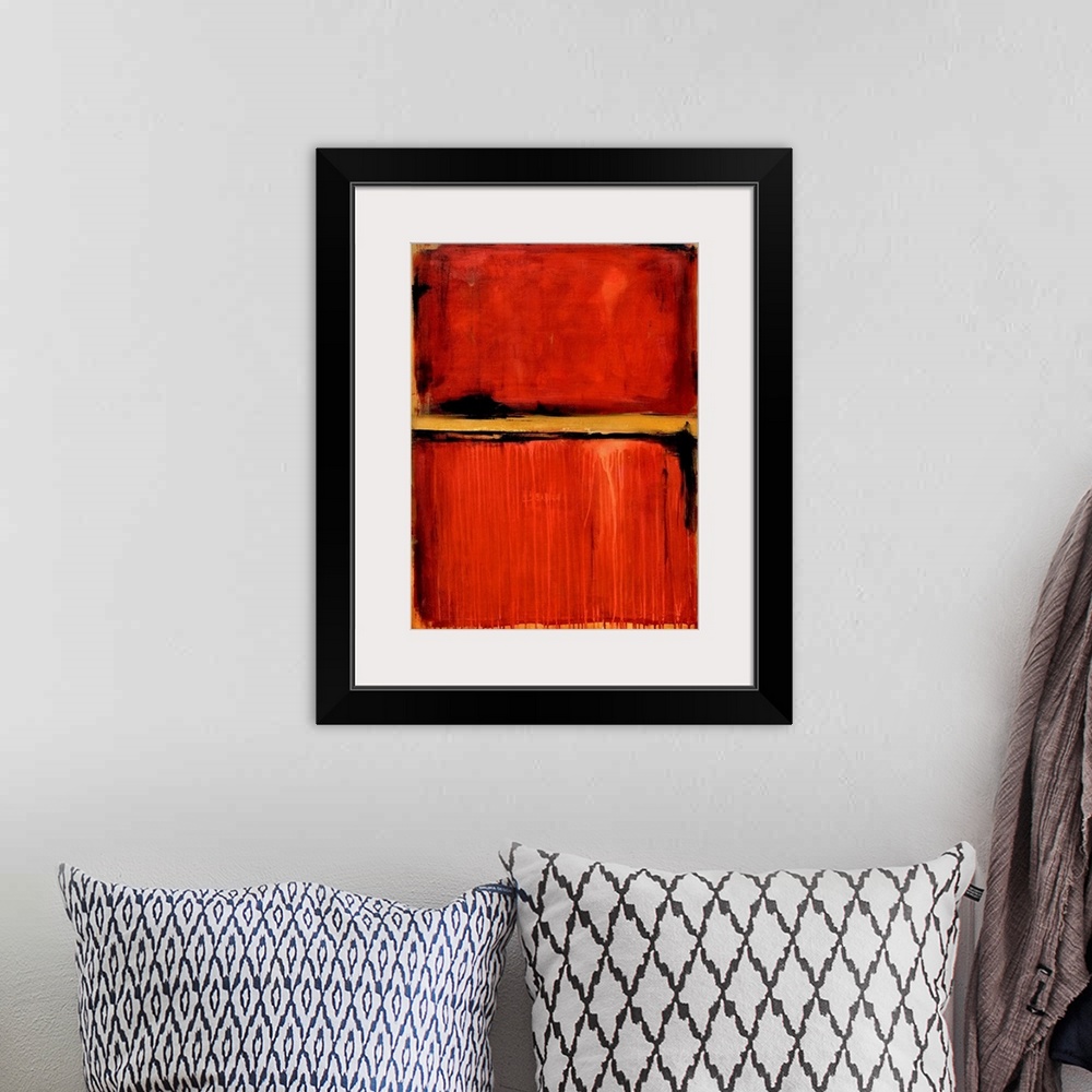 A bohemian room featuring Contemporary abstract artwork in deep red with an orange stripe.