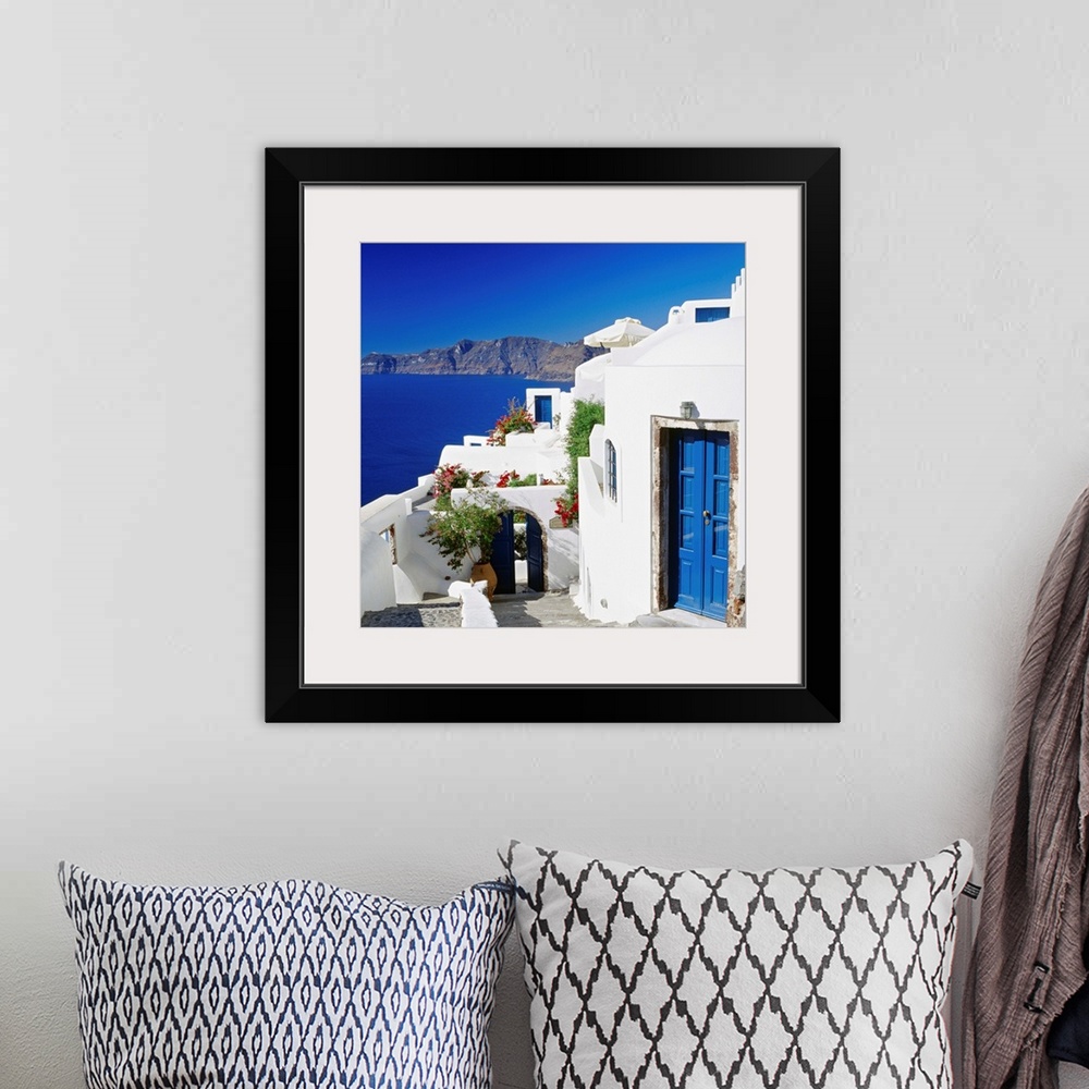 A bohemian room featuring Greece, Aegean islands, Cyclades, Santorini, traditional houses and the crater
