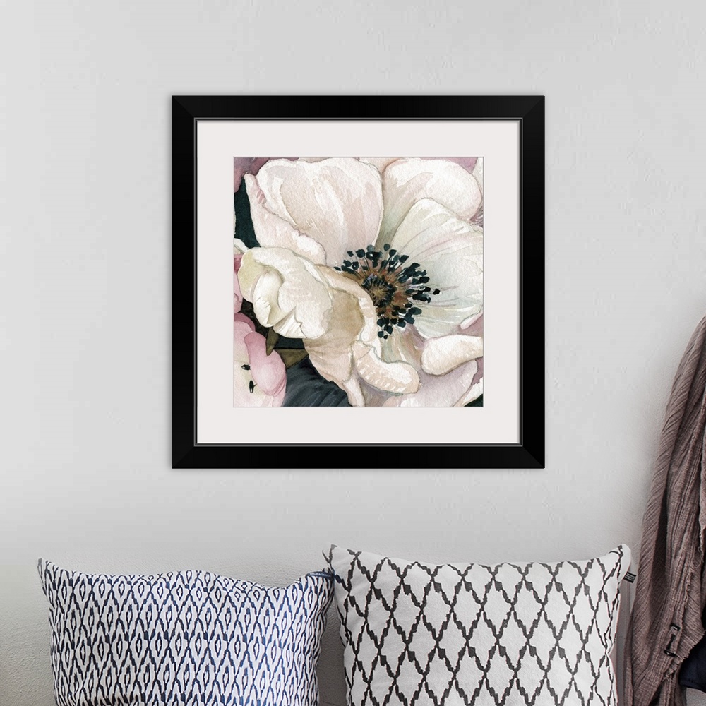 A bohemian room featuring Close-up painting of a white anemone with pink petals surrounding it, on a square background.