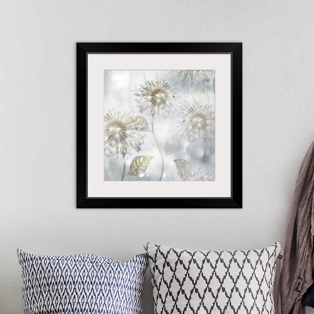 A bohemian room featuring A ethereal photo of dandelions against a light gray background with lens flares throughout.