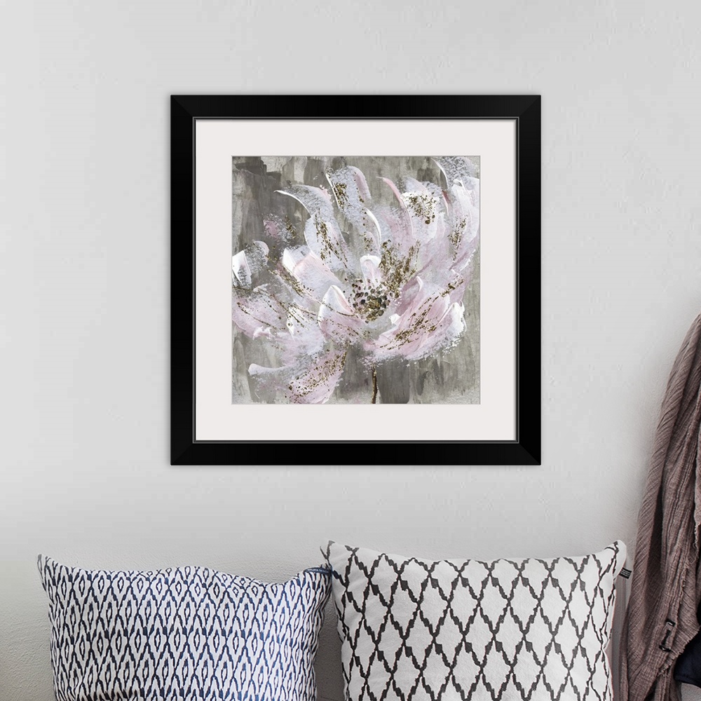 A bohemian room featuring Semi abstract artwork of a flower with paint splatters and pale pink petals.