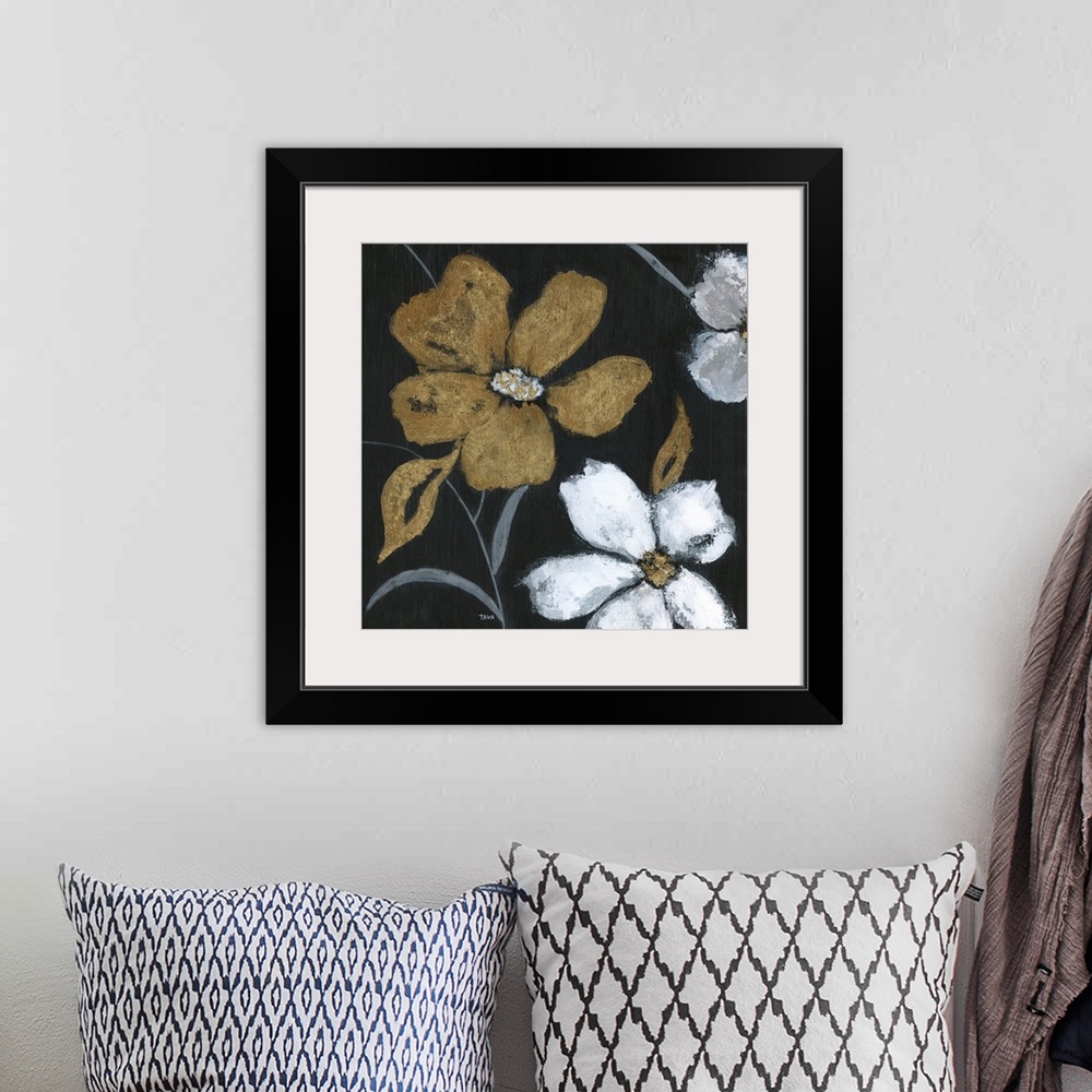 A bohemian room featuring Flowers of a gold metallic color and white stand out against a black backdrop in this painting.