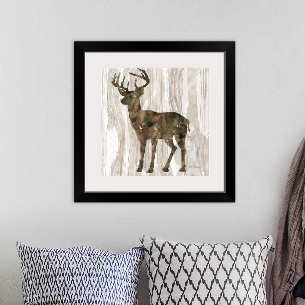 A bohemian room featuring A watercolor painting of a deer on a wood patterned background.