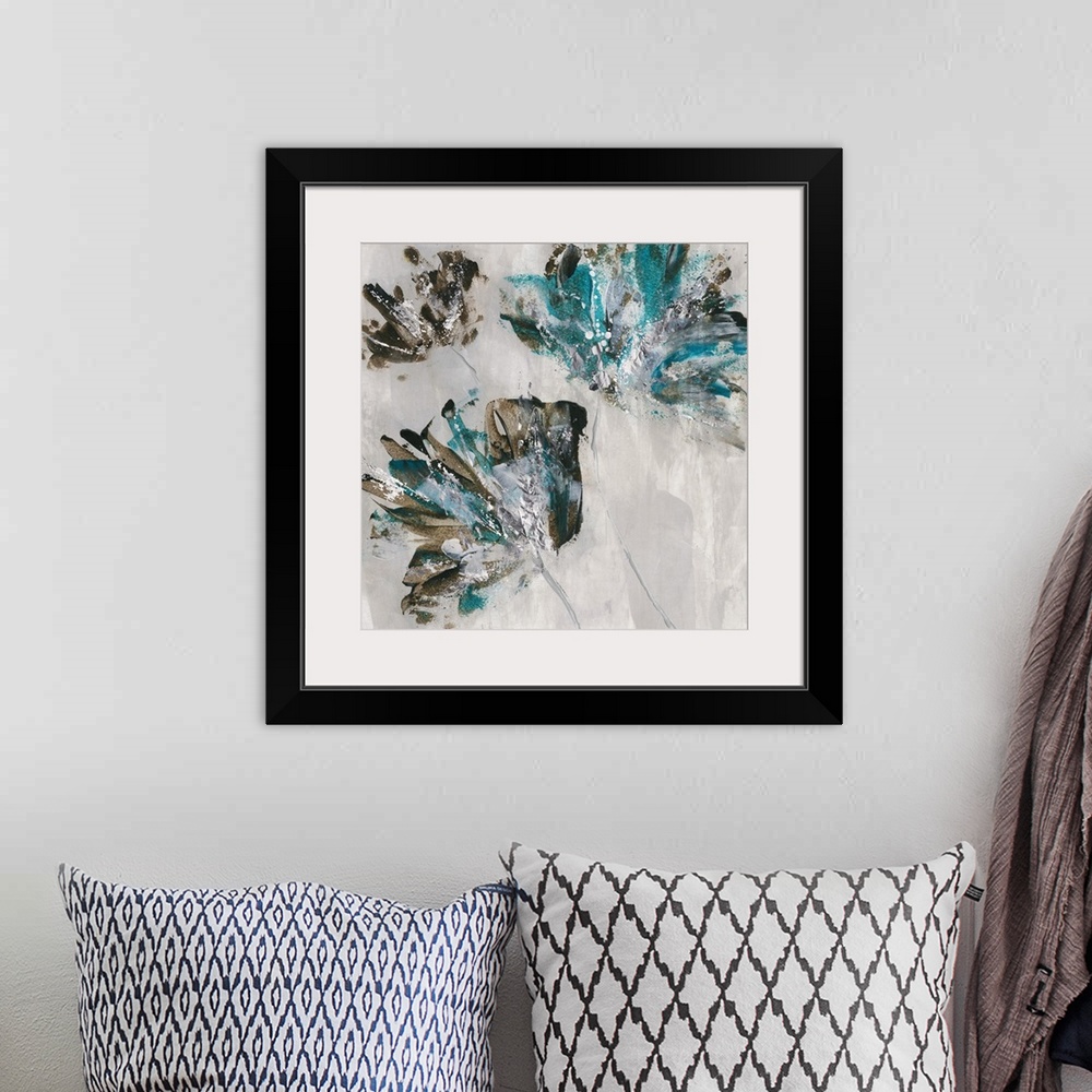 A bohemian room featuring Square painting of three abstract flowers in teal, brown, and grey hues.