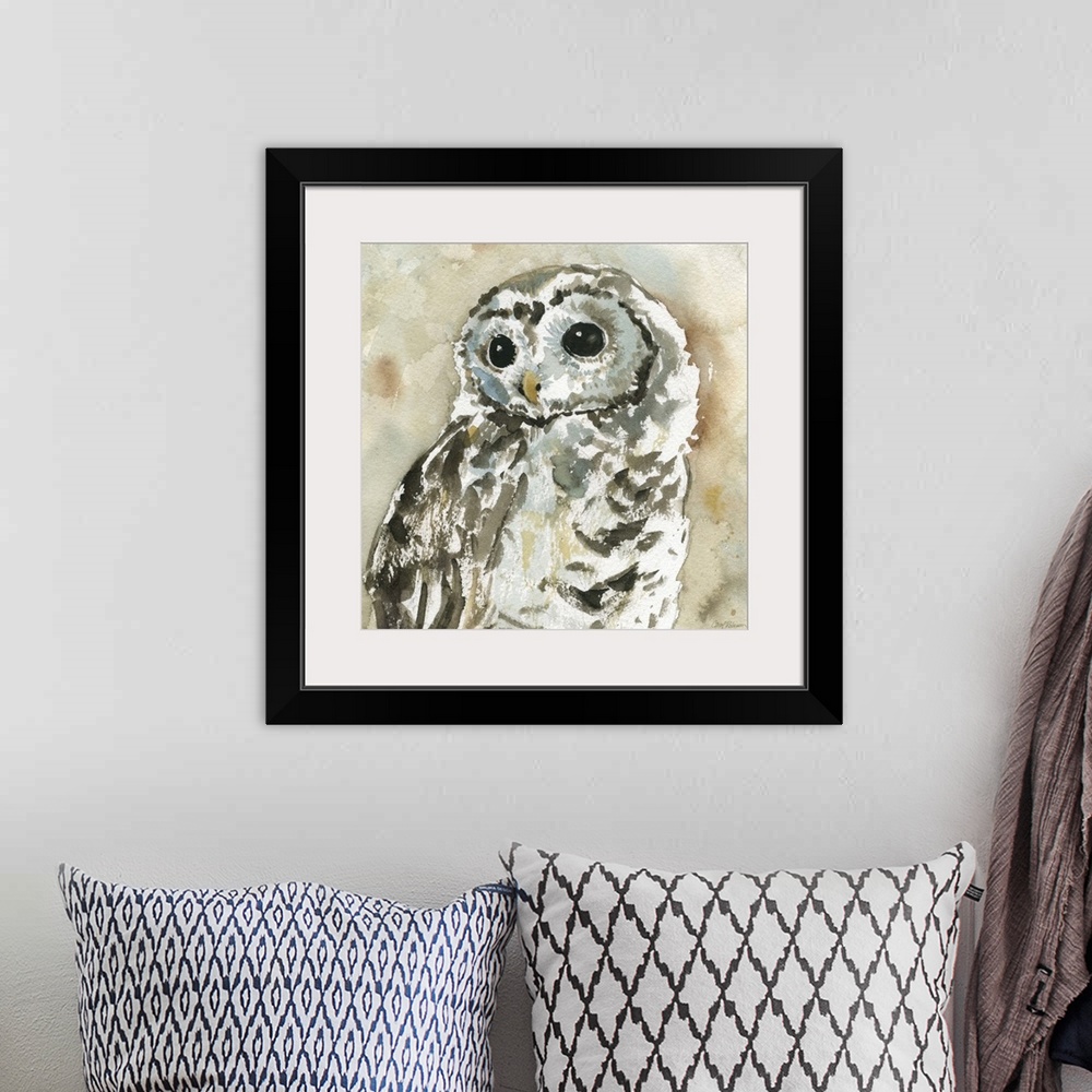 A bohemian room featuring A watercolor painting of an abstract  woodland owl.