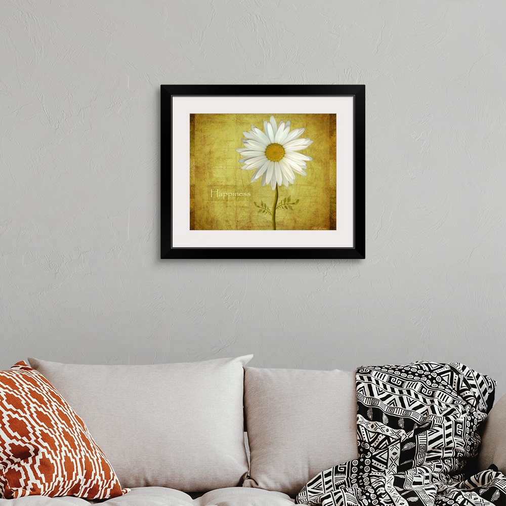 A bohemian room featuring Canvas print of a flower on top of a grungy background.
