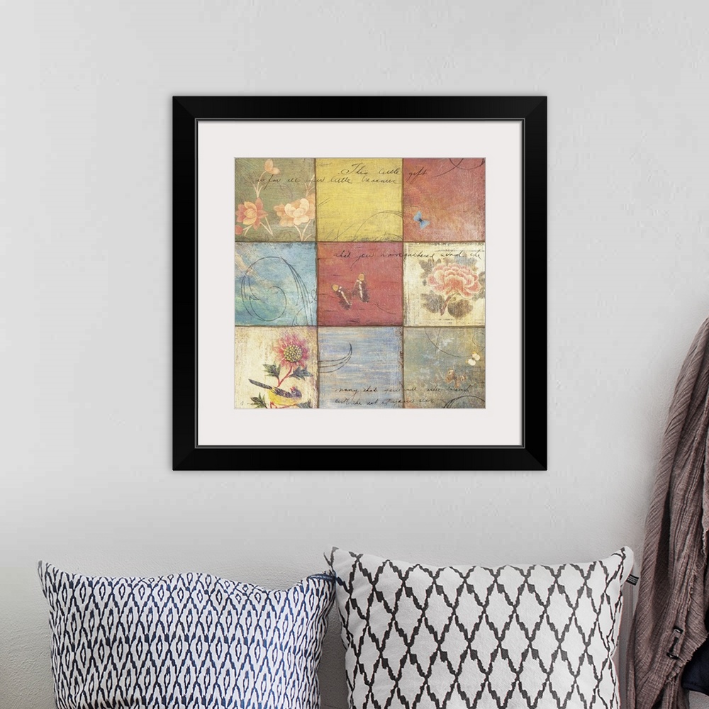 A bohemian room featuring Mixed media artwork with nine squares arranged in a  3x3 grid pattern.   Each square has a floral...