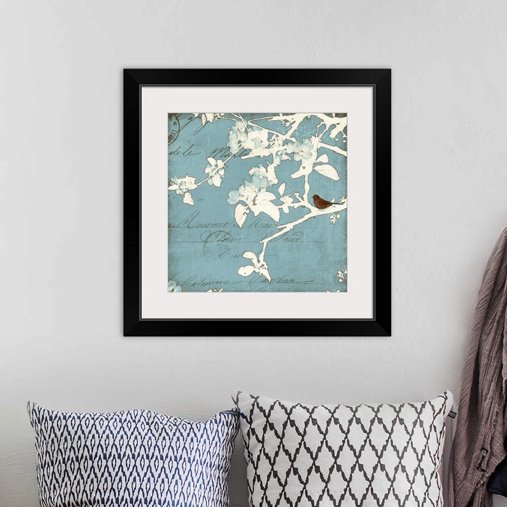A bohemian room featuring Large square canvas art depicts a bird sitting on the branch of a tree that has been outlined and...