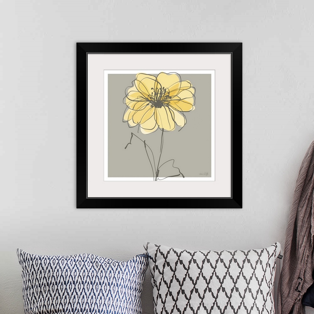 A bohemian room featuring Square illustration of a single yellow and gray flower on a gray background with a white boarder.