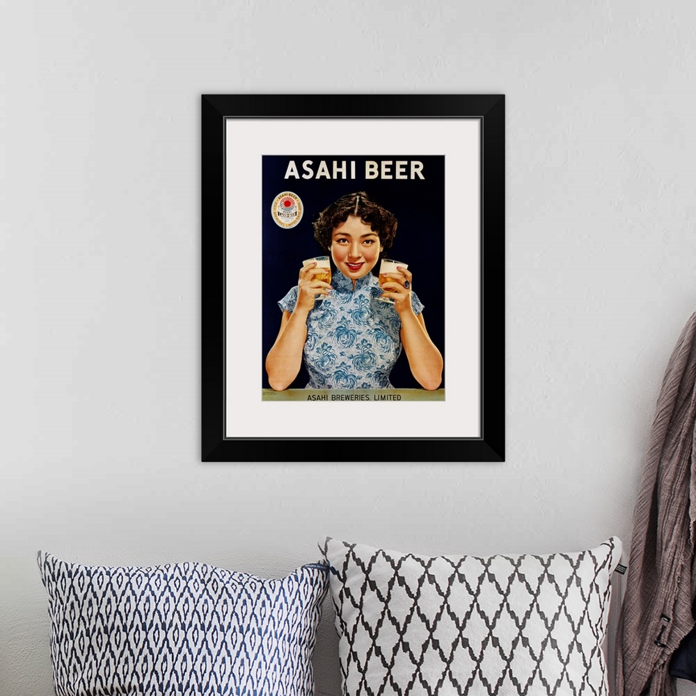 A bohemian room featuring Asahi Beer Poster With Machiko Kyo