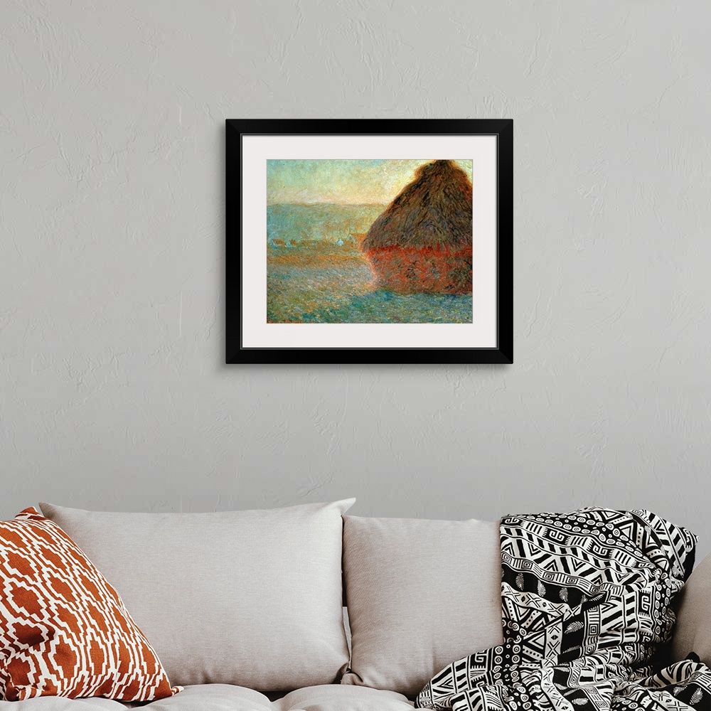 A bohemian room featuring Haystack At Sunset By Claude Monet