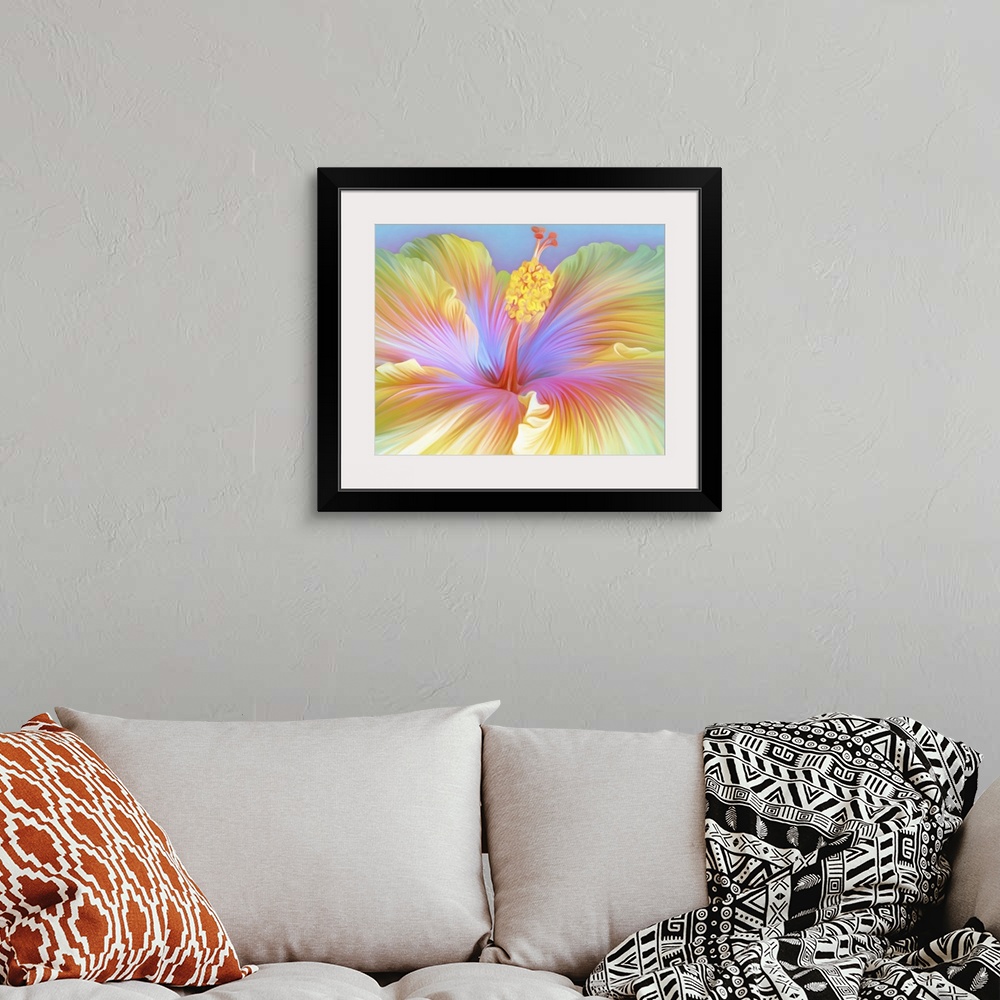 A bohemian room featuring Close up illustration of colorful hibiscus flower.