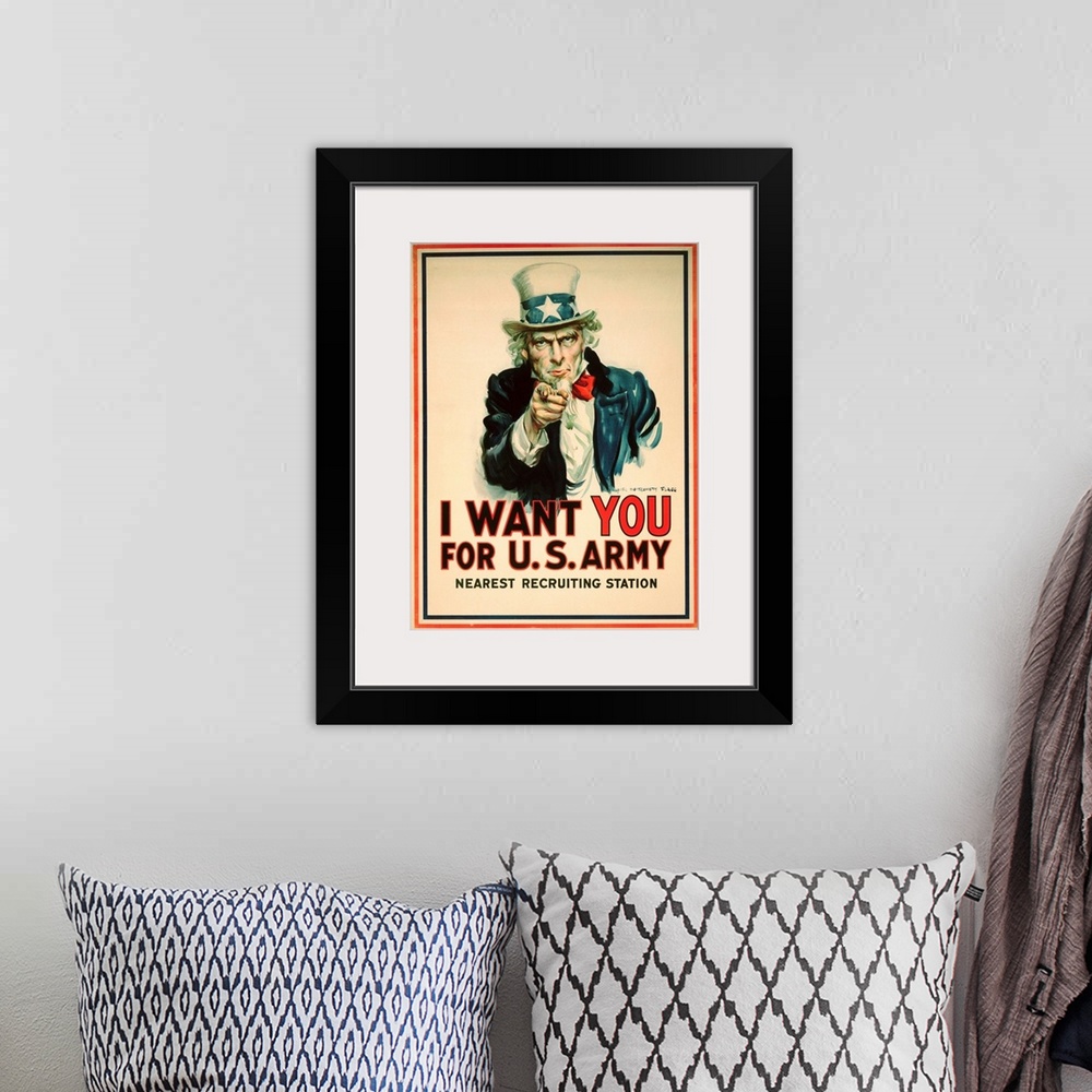 A bohemian room featuring I Want You For The U.S. Army Recruitment Poster By James Montgomery Flagg
