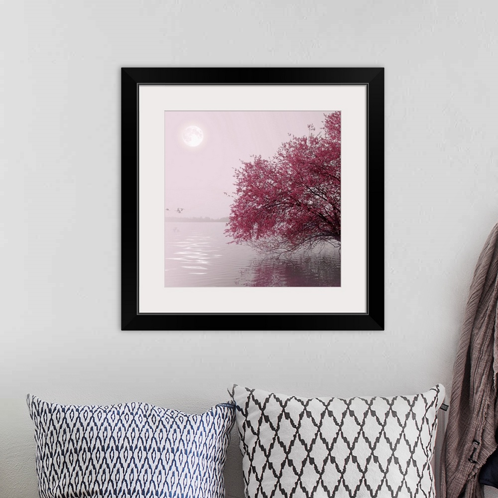 A bohemian room featuring Nature and landscape. Red tree on a lake. Moon in the distance.