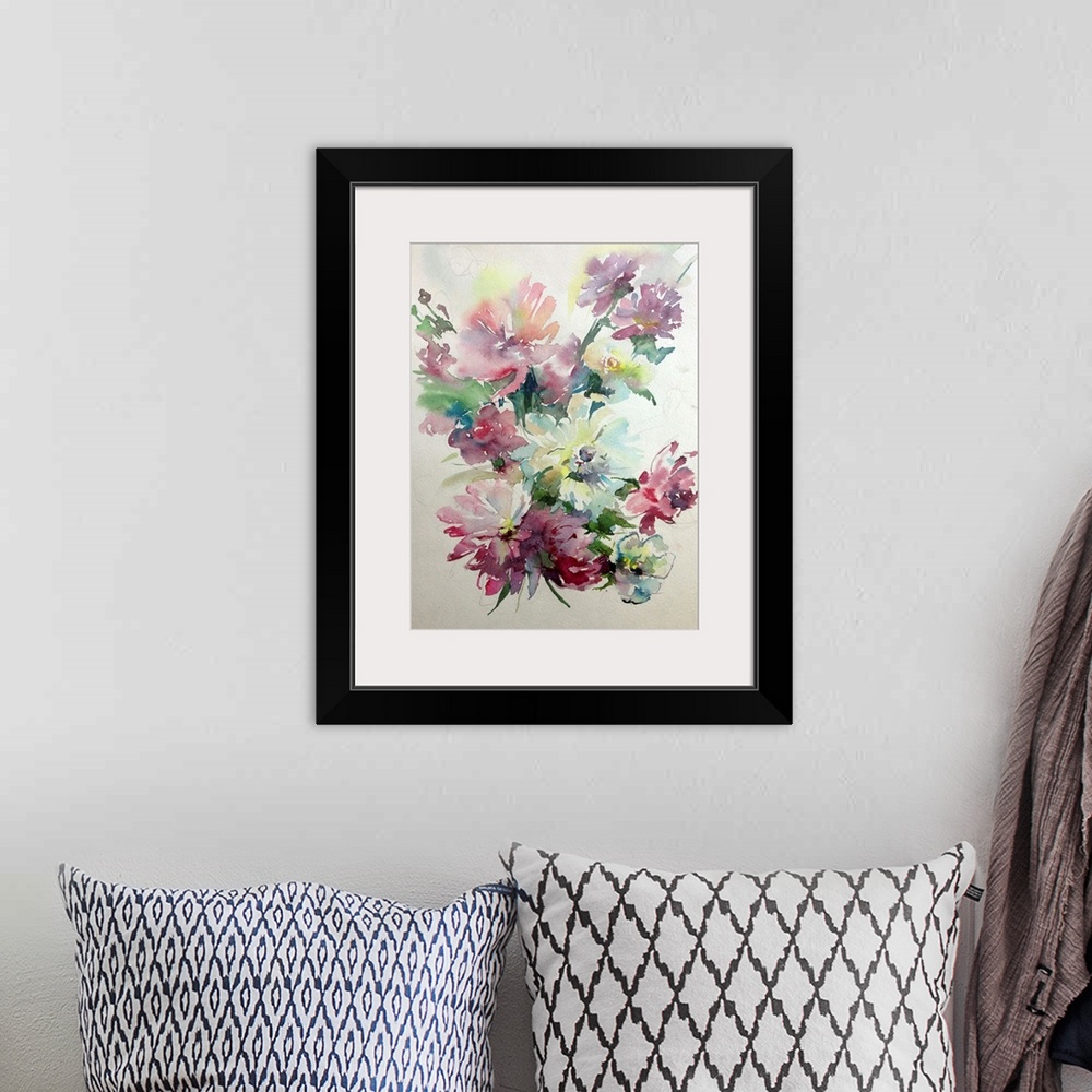 A bohemian room featuring Beautiful watercolor bouquet of aster flowers.