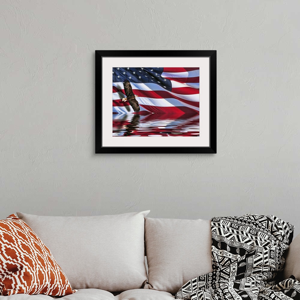 A bohemian room featuring A composite of two photos. One of a bald eagle, the other of a large American flag. Photos compos...