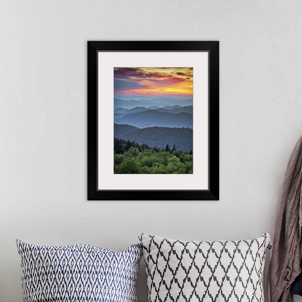 A bohemian room featuring Blue Ridge Parkway scenic landscape with the Appalachian Mountain ridges and sunset  over Great S...