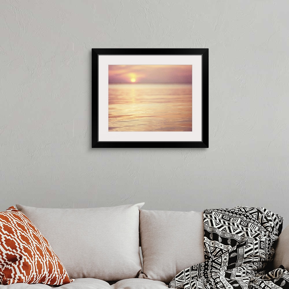 A bohemian room featuring Sunset on bay at New Jersey shore. USA.