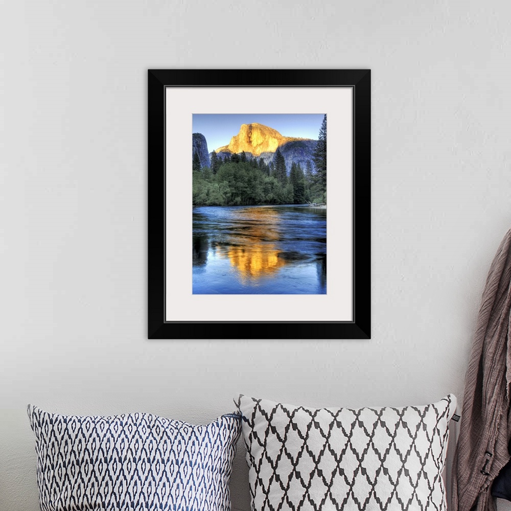 A bohemian room featuring Golden light of sunset on half Dome reflecting in Merced river in Yosemite National Park.