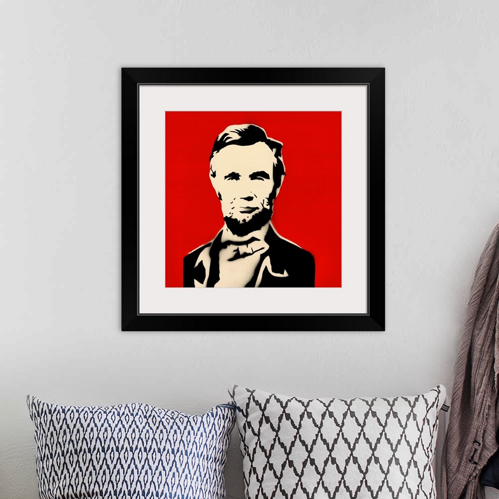 A bohemian room featuring Square spray art of Abraham Lincoln on a bright red background.