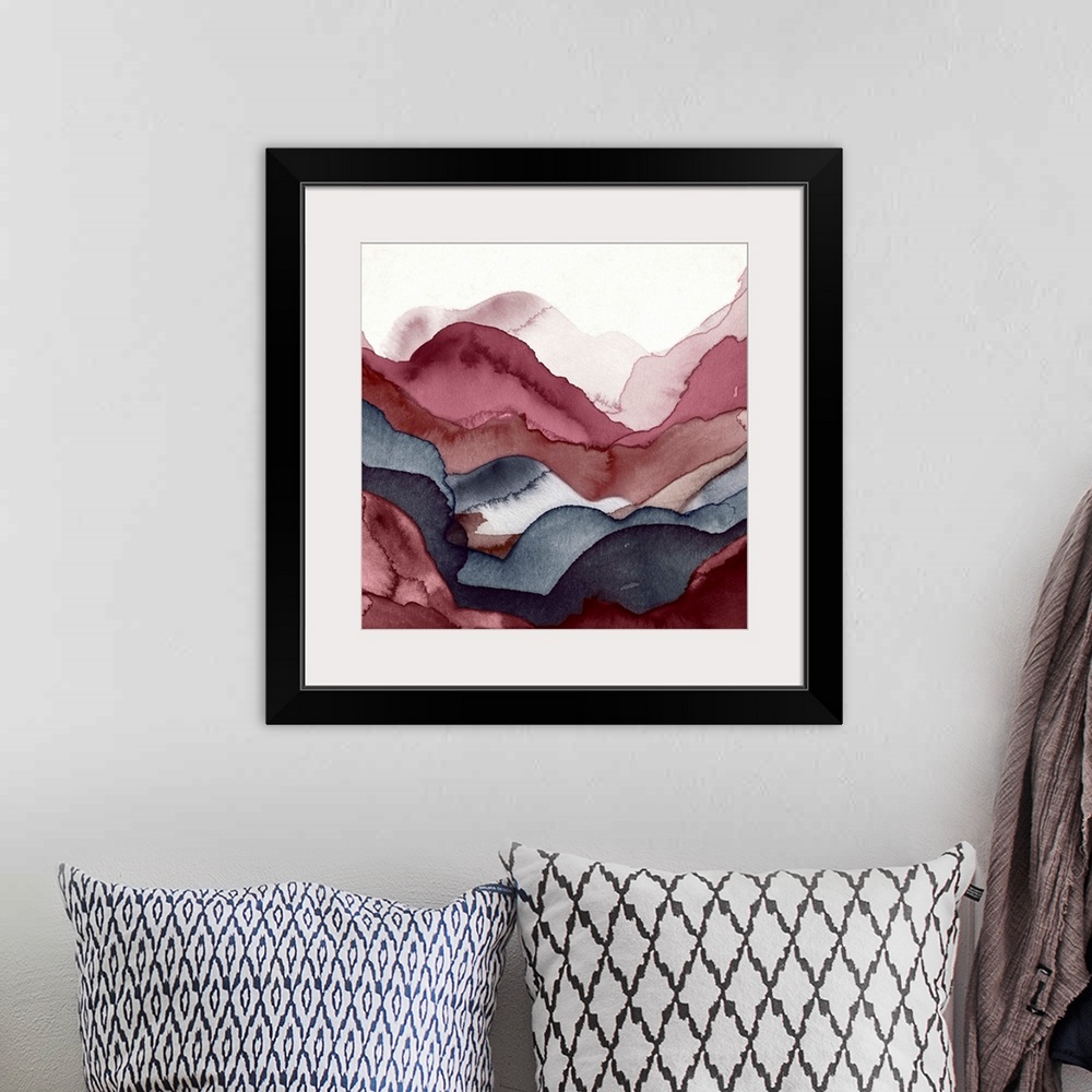 A bohemian room featuring A contemporary abstract painting using watercolors to create a layered landscape.