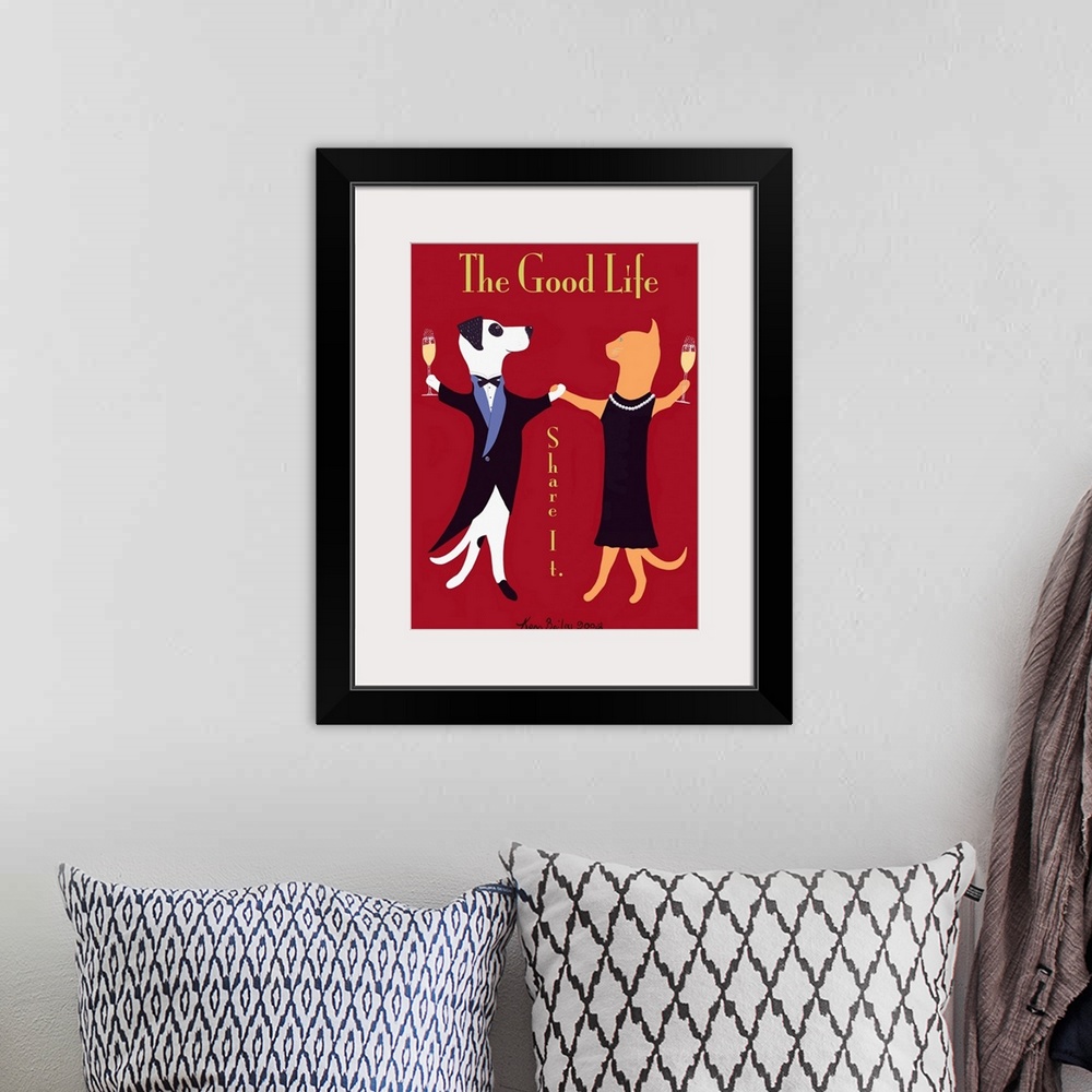 A bohemian room featuring Huge retro art composed of a dog in a tuxedo and a cat in a dress enjoying a glass of champagne w...
