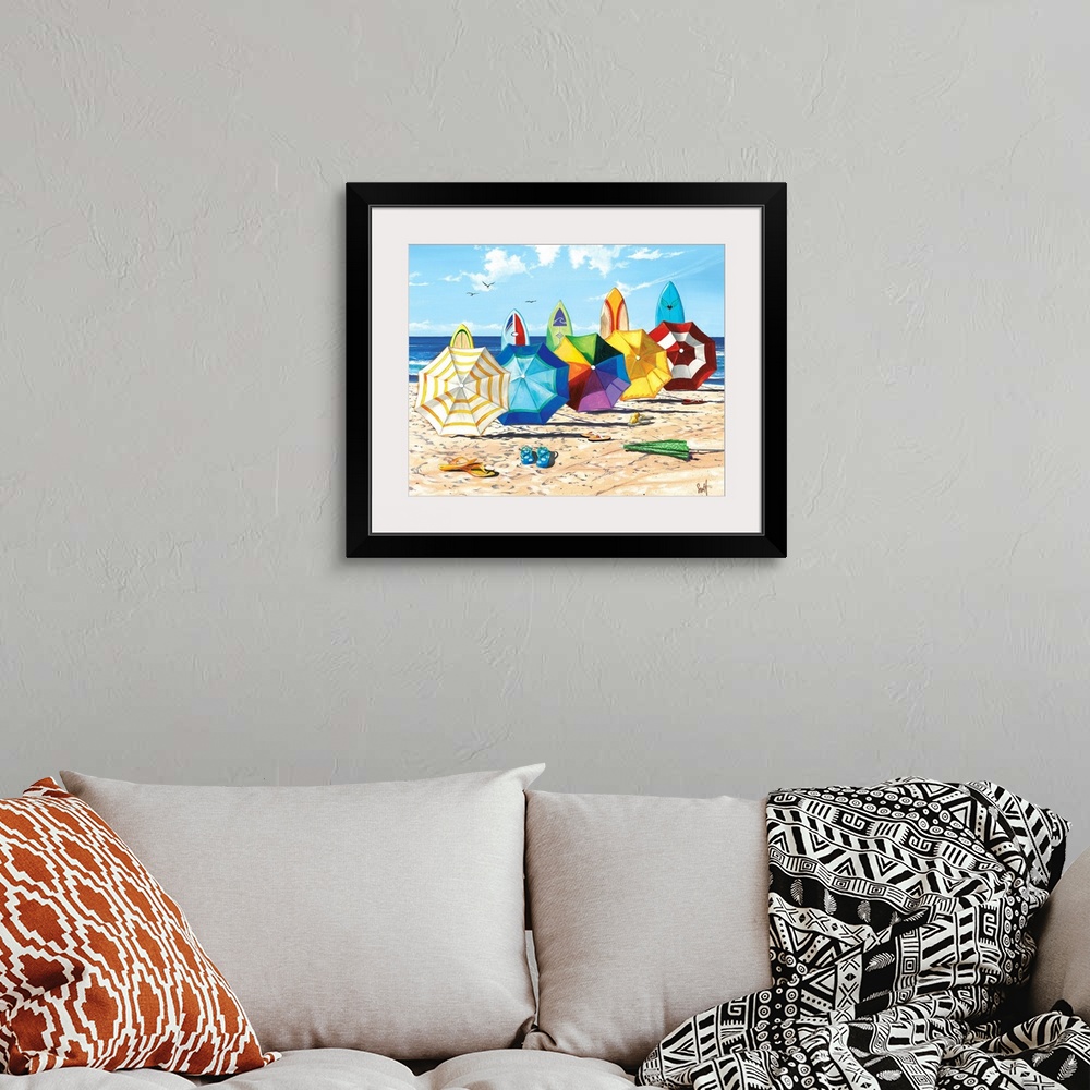 A bohemian room featuring Realistic drawing of open colorful umbrella's and surfboards lined up on the beach with flip flop...