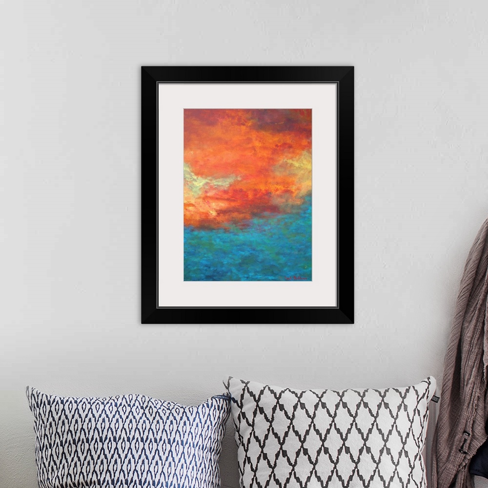 A bohemian room featuring Abstract painting created with bright orange, red, blue, green, and yellow hues representing a re...