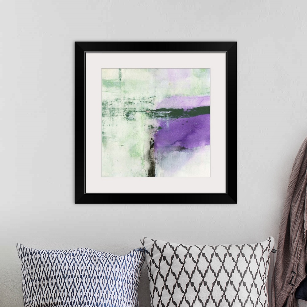 A bohemian room featuring A contemporary abstract painting  using purple and gray with dark bold black lines.