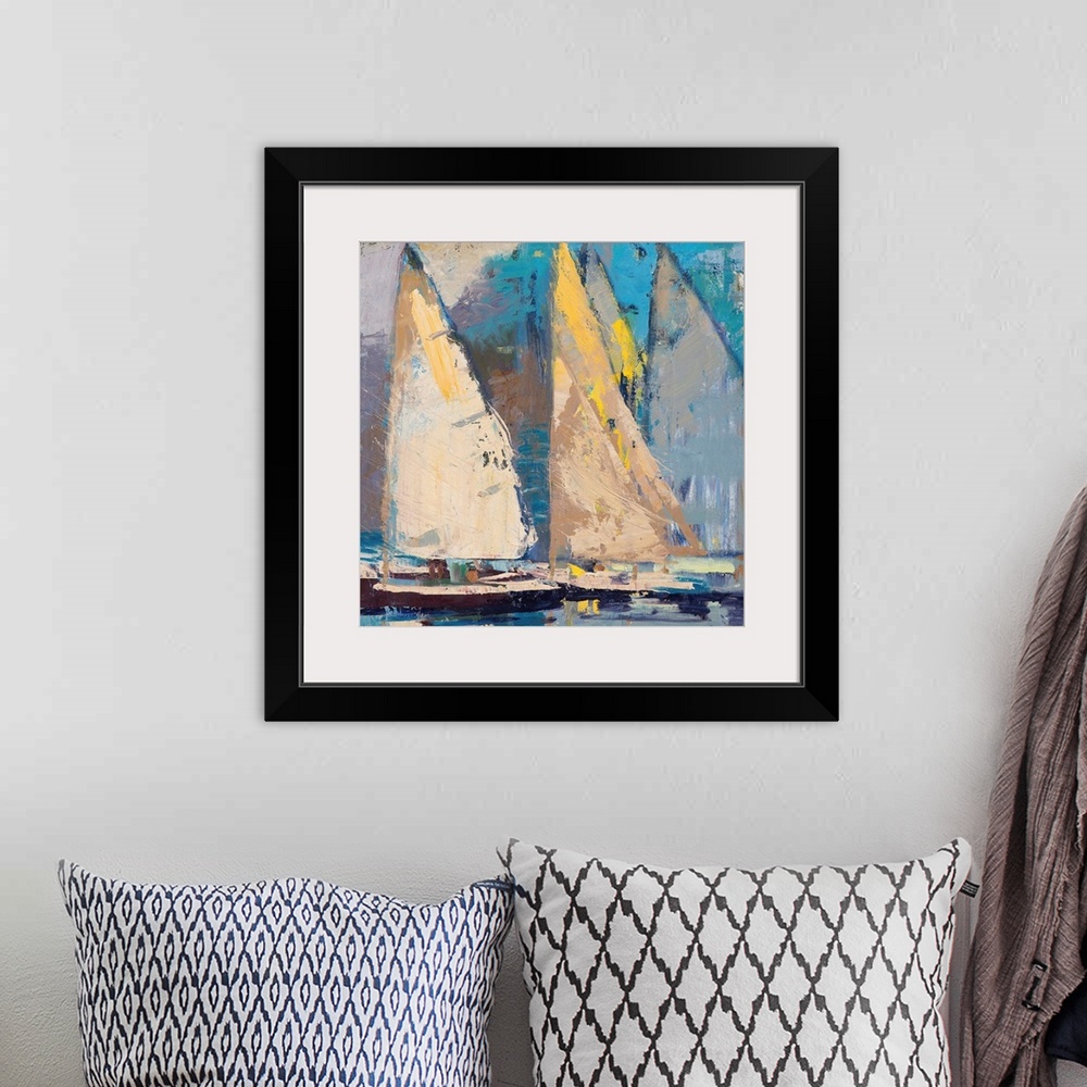 A bohemian room featuring A contemporary coastal themed painting of sailboats in a harbor.