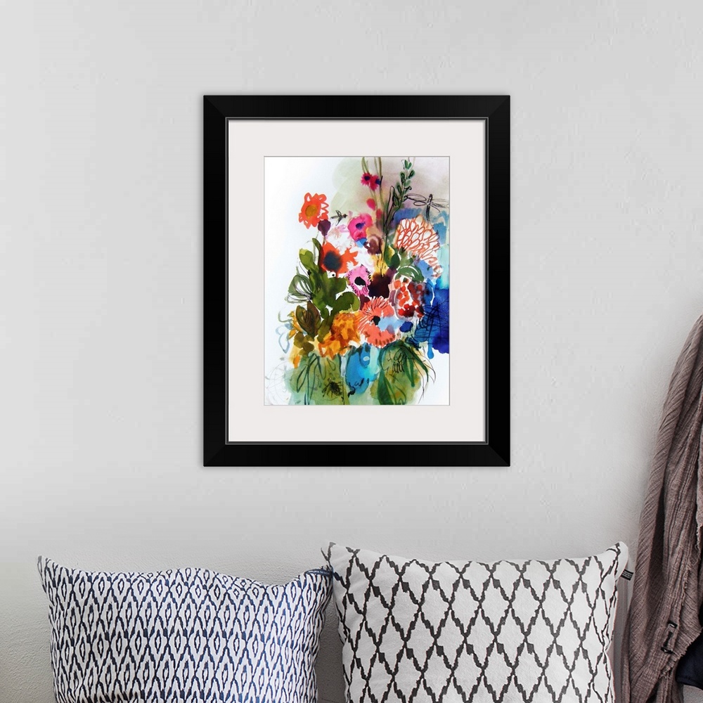 A bohemian room featuring A contemporary watercolor painting of a bouquet of flowers.