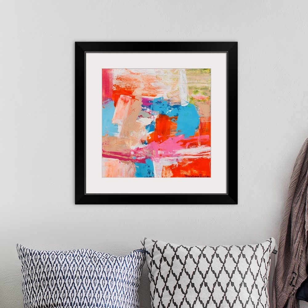 A bohemian room featuring A square abstract painting of textured bright colors.