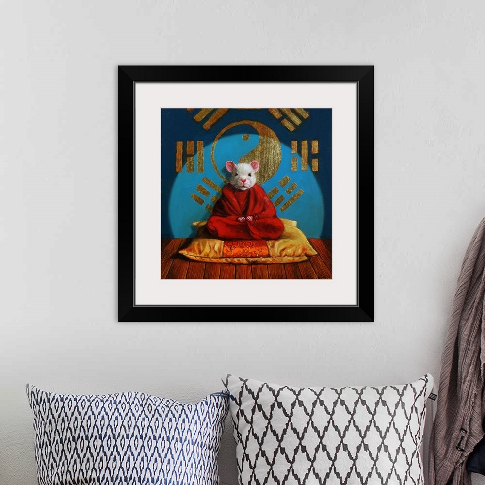 A bohemian room featuring A contemporary painting of a mouse meditating on a cushion.