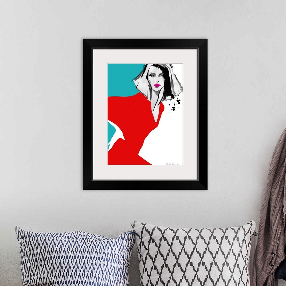 A bohemian room featuring Contemporary fashion artwork of a woman wearing a bright red dress.