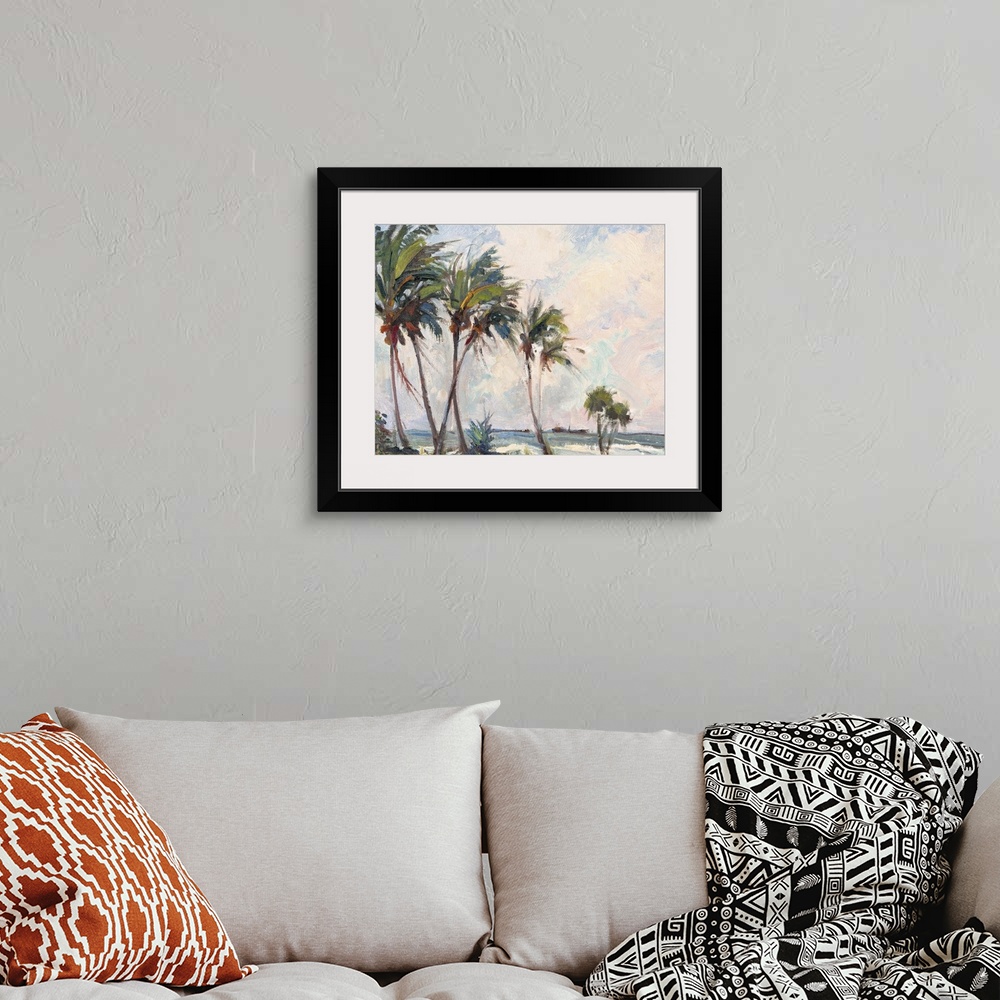 A bohemian room featuring Contemporary painting of six tall palm trees on the beach.