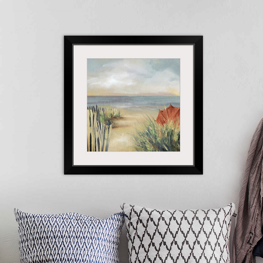 A bohemian room featuring Contemporary painting of an East coast beach in Bridgeport in the warm summer afternoon.