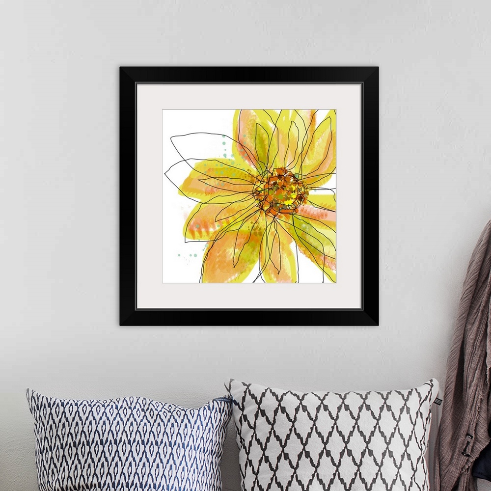 A bohemian room featuring Digital painting of a flower on square shaped wall art. The floweros shape is defined by gestural...